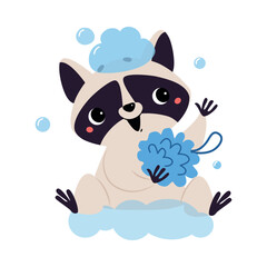 Cute Raccoon Washing Body with Sponge and Foam Vector Illustration
