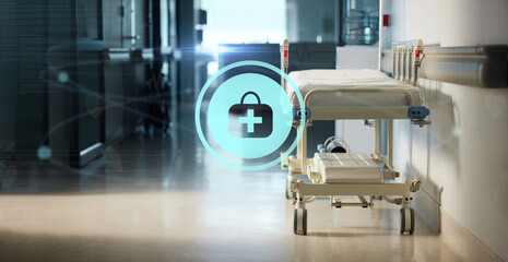 Hologram, medicine and a bed in the corridor of a hospital after work, ready for an emergency or accident. Healthcare, medical and icon overlay with a gurney in the empty hallway of a health clinic