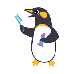 Penguin Character Brushing Teeth with Toothbrush as Hygiene Vector Illustration