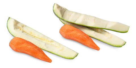 Ripe carrots and zucchini. Peeled carrots and zucchini slices set. Veggies isolated on white