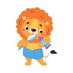 Baby Lion Character Brushing Teeth with Toothbrush as Hygiene Vector Illustration