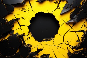 Hole in yellow and black torn paper, torn cardboard, copy space