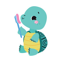 Cute Little Turtle Character Brushing Teeth with Toothbrush as Hygiene Vector Illustration