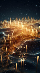 Futuristic abstract background with golden glowing particles and waves