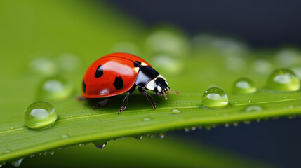 Fototapeta premium A ladybug on a green leaf