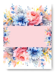 Pink rose , blue dahlia flowers and leaves watercolor wedding invitation card with text layout. Botanic card design concept