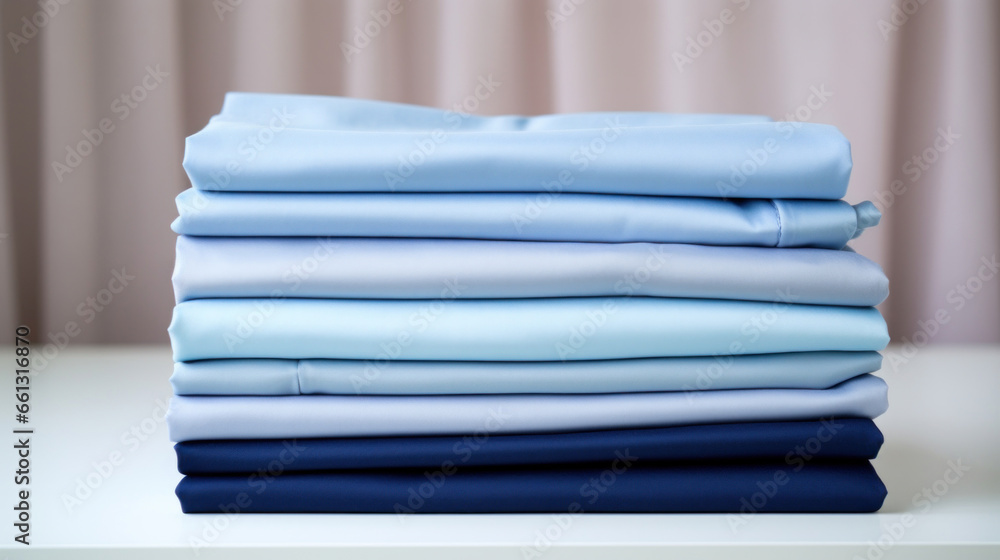 Poster folded clothes in stacks of various simple blue placed on a table on a light background