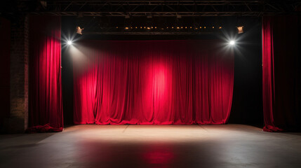 A theater stage with red draperies