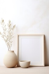A photo frame and vases with dried flowers stand on a light background. Space for text and copy.