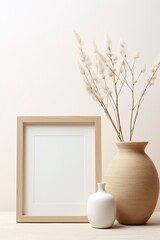 A photo frame and vases with dried flowers stand on a light background. Space for text and copy.