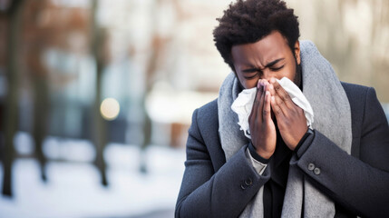 A dark-skinned young man allergy or flu sufferer blows his nose or sneezes into a handkerchief on a winter street - obrazy, fototapety, plakaty