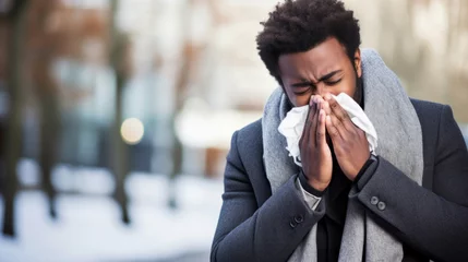 Fotobehang A dark-skinned young man allergy or flu sufferer blows his nose or sneezes into a handkerchief on a winter street © tashechka