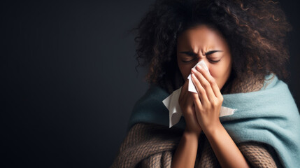 A dark-skinned young woman suffering from allergies or the flu blows her nose or sneezes into a handkerchief.