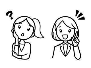 疑問に思う女性と答えるスーツを着た女性・モノクロ