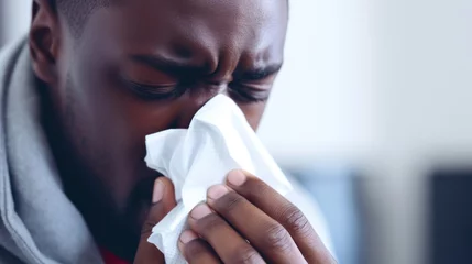 Fotobehang A dark-skinned young man allergy or flu sufferer blows his nose or sneezes into a handkerchief. © tashechka
