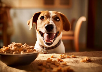 Cute dog sitting next to steel bowl with food.Macro.AI Generative