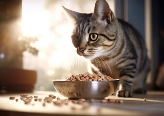 Cat sitting next to steel bowl with food.Macro.AI Generative