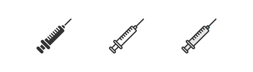 Syringe icon on white background. Vaccine injection symbol. Medical needle, immunization. Outline flat and colored style vector illustration, EPS 10.