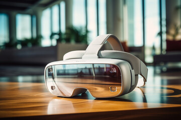 Fototapeta premium VR headset on a clean, contemporary coffee table in a well-lit, uncluttered living room, illustrating its place in leisure and entertainment. Photo