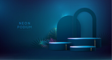 Fluorescent neon showcase background with 3d podium and tropic leaves.  Summer nature concept. Vector illustration