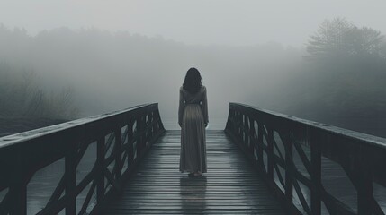 A fictional girl stands in the fog on a bridge over the river.