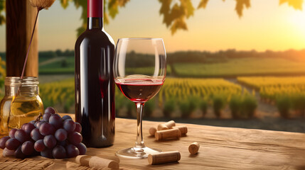 Glass of red wine with grapes on table in vineyard during warm summer evening