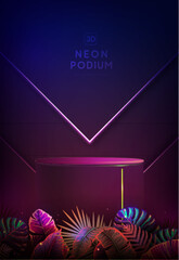 Fluorescent neon showcase background with 3d podium and tropic leaves.  Summer nature concept. Vector illustration