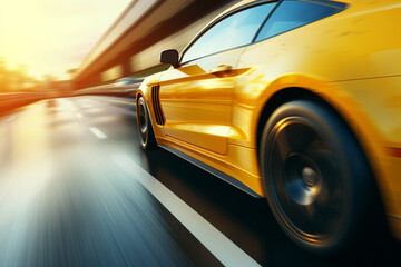 yellow car at high speed along the highway obscures the speed of movement 3d rendering AI generative  