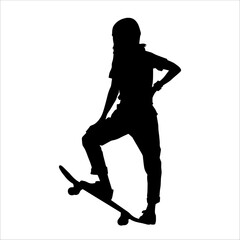 Silhouette of a female in action pose on skateboard. Silhouette of an urban girl on skateboard.