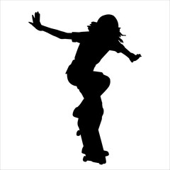 Fototapeta na wymiar Silhouette of a female in action pose on skateboard. Silhouette of an urban girl on skateboard.