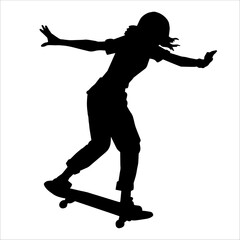 Silhouette of a female in action pose on skateboard. Silhouette of an urban girl on skateboard.