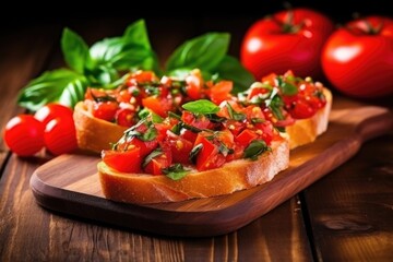bruschetta with ripe tomatoes and basil on a wooden board