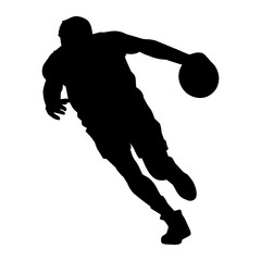 Obraz premium Silhouette of a basket ball player in action pose. Silhouette of a male basket ball athlete.