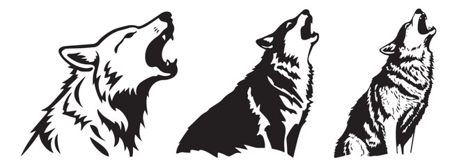 Wolf heads,  black and white vector, silhouette shapes illustration
