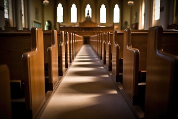 a set of pew rows in an empty church