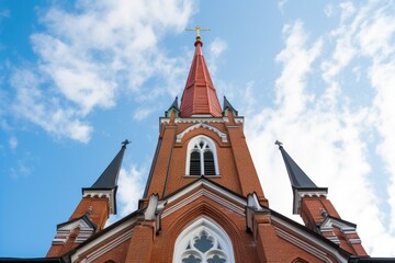 Fototapeta na wymiar a tall steeple of a red brick church from a low angle
