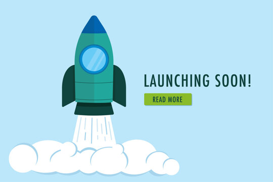 Rocket launch illustration. Launching soon webpage template for product launch. 