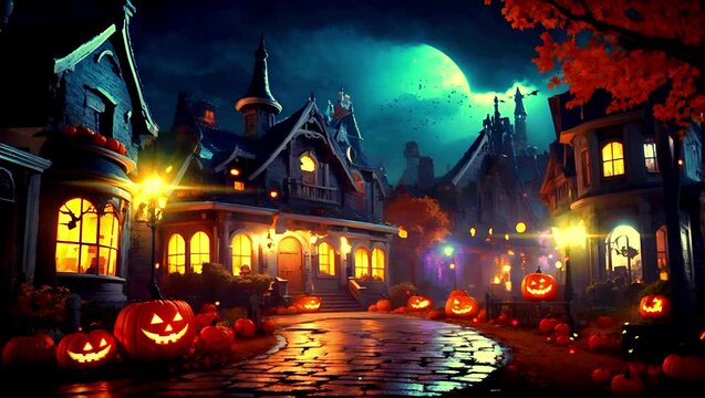 Haunted house halloween scene scary cinematic loop video animation background