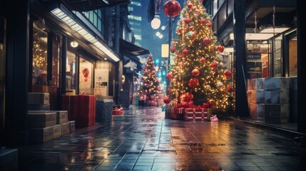 Christmas tree with presents below on the street. It's raining and the floor is wet. Urban city decorated for New Year's Eve.