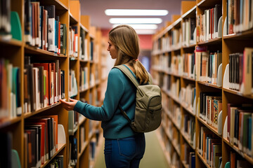 Young college student walking through library rows in search of literature for lecture - obrazy, fototapety, plakaty