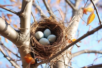 a nest filled with robins eggs in a tree