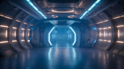 Futuristic science spaceship tunnel corridor with glowing lights 3d rendering wallpaper background