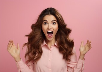 Wow, Young happy woman excited. Surprised woman portrait. Studio shot on pink background. Generative AI