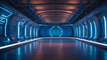 Naklejka premium Futuristic science spaceship tunnel corridor with glowing lights 3d rendering wallpaper background