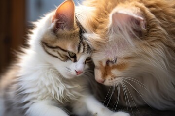 an older cat grooming a younger kitten