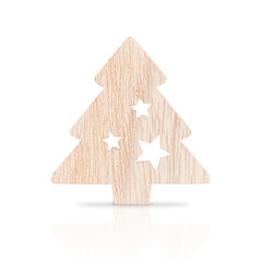 Obraz premium Single wooden sustainable christmas or new year decoration of fir tree shape of brown colour with carved stars isolated on white background with reflection used for winter holiday celebration design
