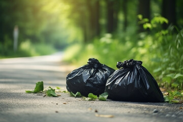 Black garbage bags on the road with green grass and plants background