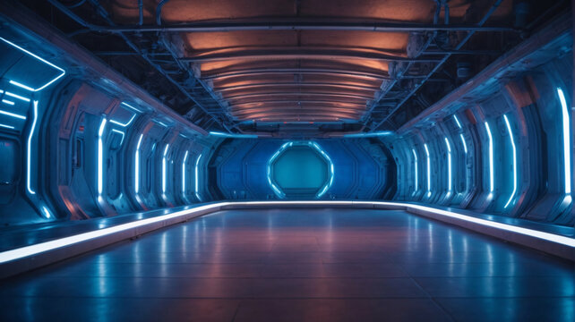Fototapeta Futuristic science spaceship tunnel corridor with glowing lights 3d rendering wallpaper background