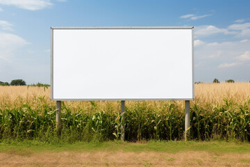 Blank large billboard on the side of the road. Agricultural field and blue sky as background. Advertisement and marketing concept. Mockup banner for public publicity. 