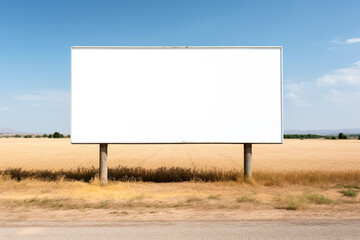 Blank large billboard on the side of the road. Agricultural field and blue sky as background. Advertisement and marketing concept. Mockup banner for public publicity. 